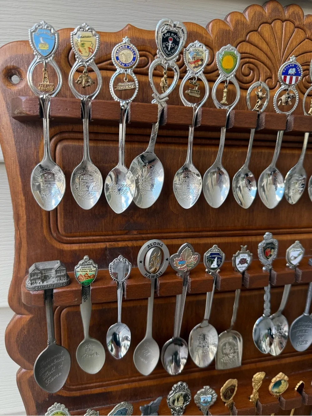 64 Vintage & Collectible Souvenir Travel Spoons + Wooden Display Rack